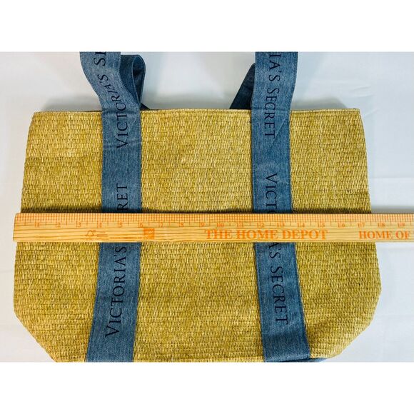 VS Victoria Secret Beach Tote Bag Pool Straw Raffia Woven Beige Blue Logo Boho - Picture 9 of 9